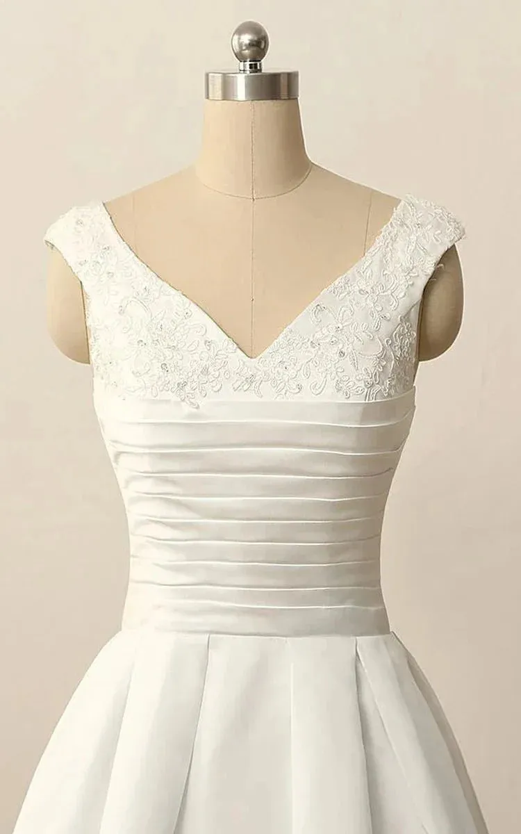 Short V-Neck Pleats Beading Appliques Zipper Satin Wedding Dress sold by KissProm product image thumbnail 4