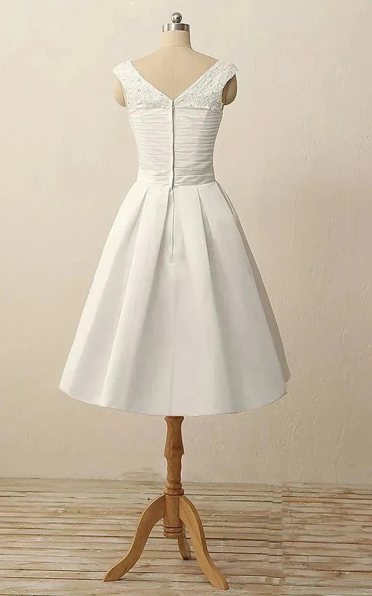 Short V-Neck Pleats Beading Appliques Zipper Satin Wedding Dress sold by KissProm product image thumbnail 3