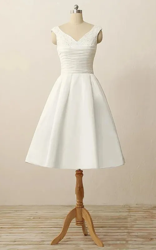 Short V-Neck Pleats Beading Appliques Zipper Satin Wedding Dress made by KissProm