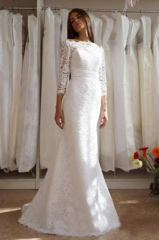 Mermaid Trumpet Long Sleeve Satin Lace Wedding Dress made by KissProm