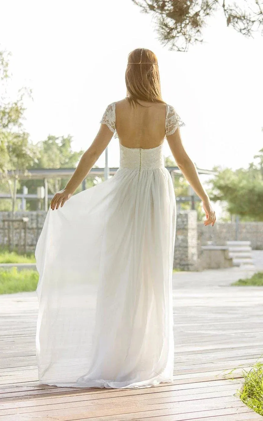 Scoop Cap Sleeves Backless Long Chiffon Lace Appliques Wedding Dress withTrain sold by KissProm product image thumbnail 5