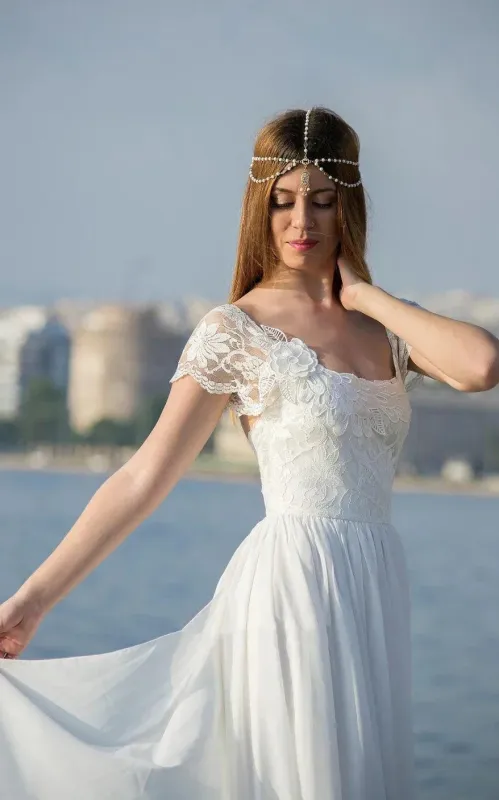 Scoop Cap Sleeves Backless Long Chiffon Lace Appliques Wedding Dress withTrain made by KissProm