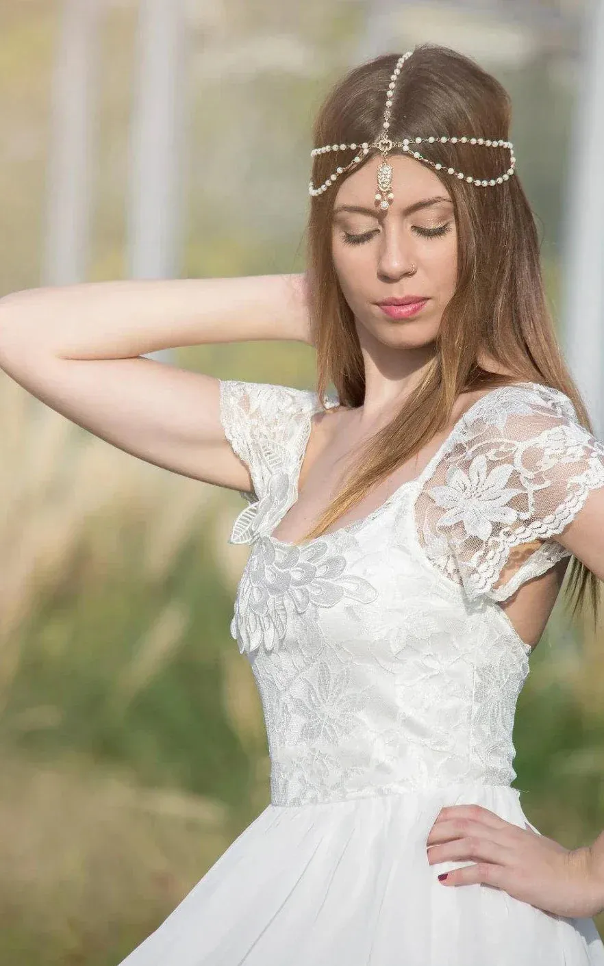 Scoop Cap Sleeves Backless Long Chiffon Lace Appliques Wedding Dress withTrain sold by KissProm product image thumbnail 4