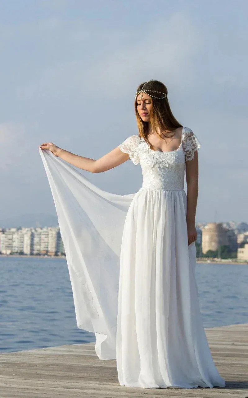 Scoop Cap Sleeves Backless Long Chiffon Lace Appliques Wedding Dress withTrain sold by KissProm product image thumbnail 2