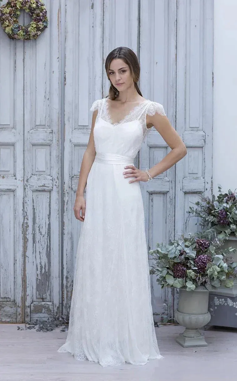 A-Line V-Neck Short Cap Sleeves Backless Tulle Lace Wedding Dress sold by KissProm