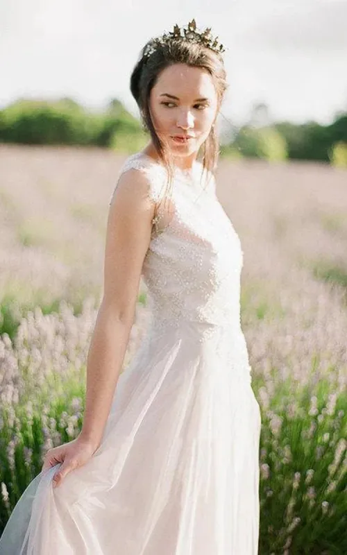 Jewel Neck Sleeveless Long Tulle Wedding Dress With Beading made by KissProm