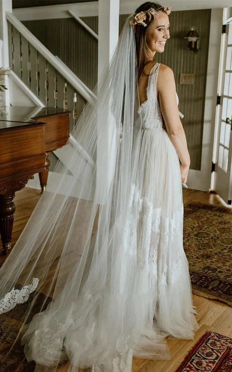 A-Line Lace Bohemian V-neck Wedding Dress With Low-V Back And Appliques sold by KissProm product image thumbnail 2