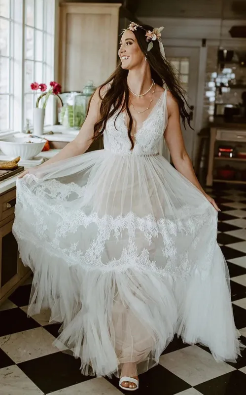 A-Line Lace Bohemian V-neck Wedding Dress With Low-V Back And Appliques made by KissProm