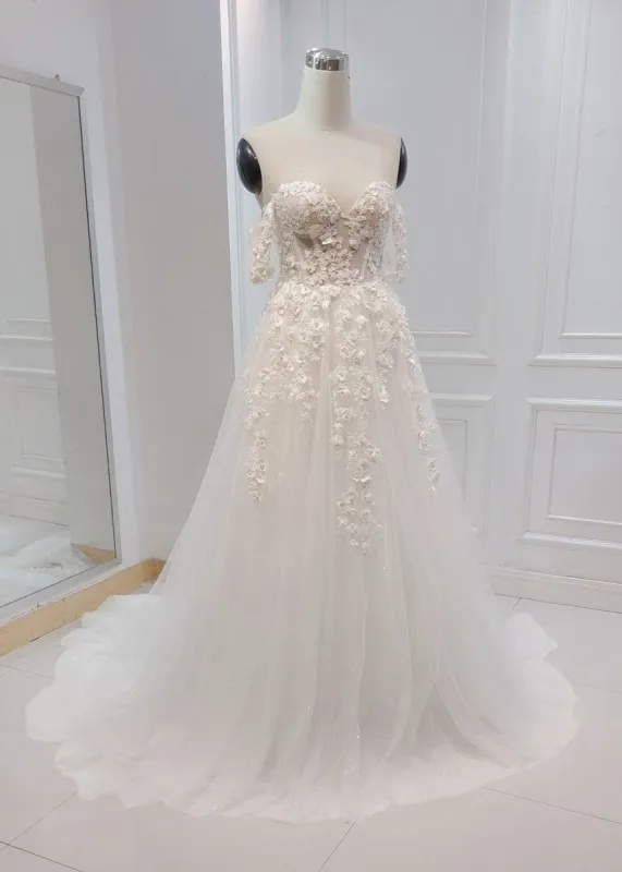 A-line White Off the Shoulder Wedding Dress With Flower Embroidery made by KissProm