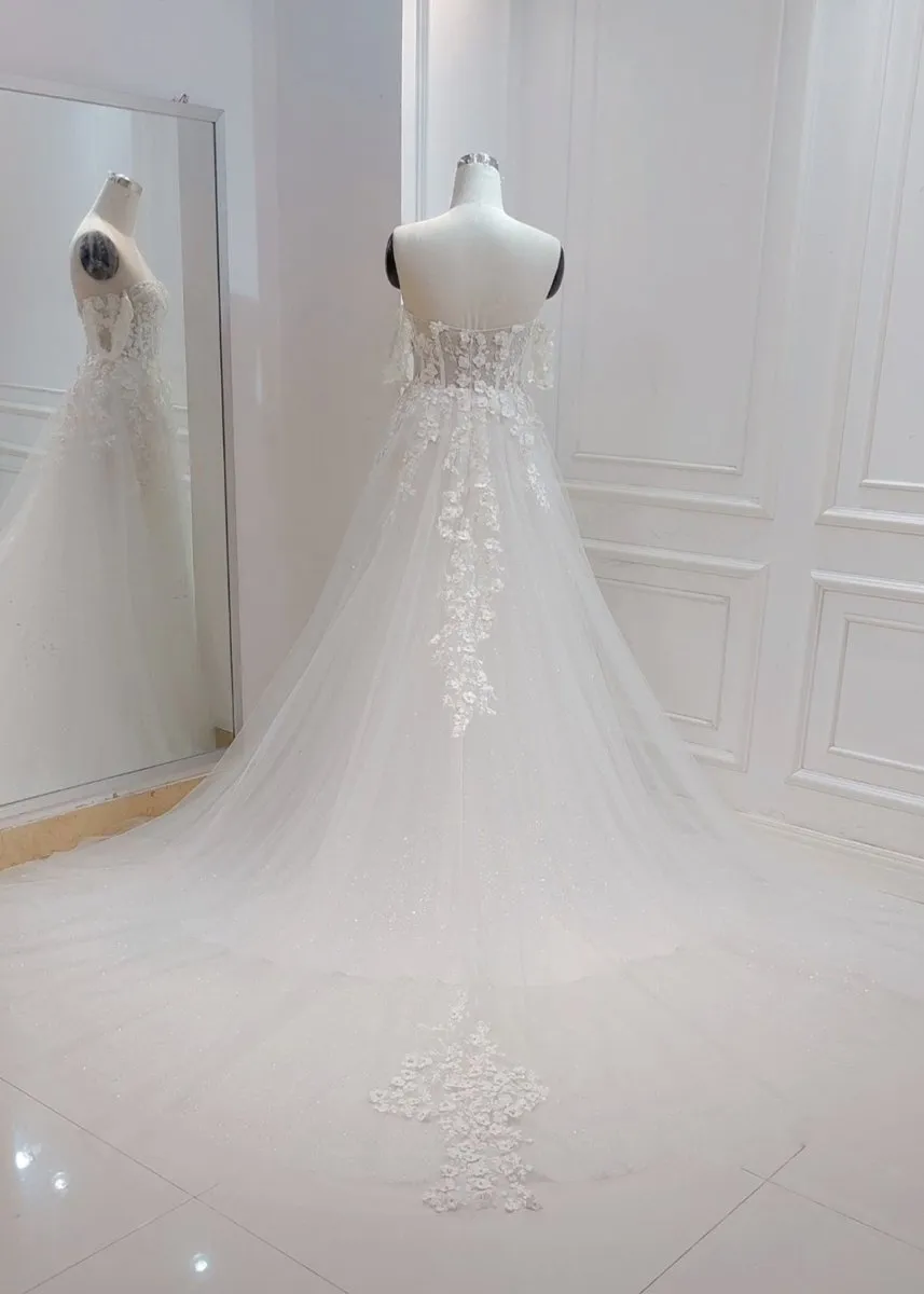 A-line White Off the Shoulder Wedding Dress With Flower Embroidery sold by KissProm product image thumbnail 3