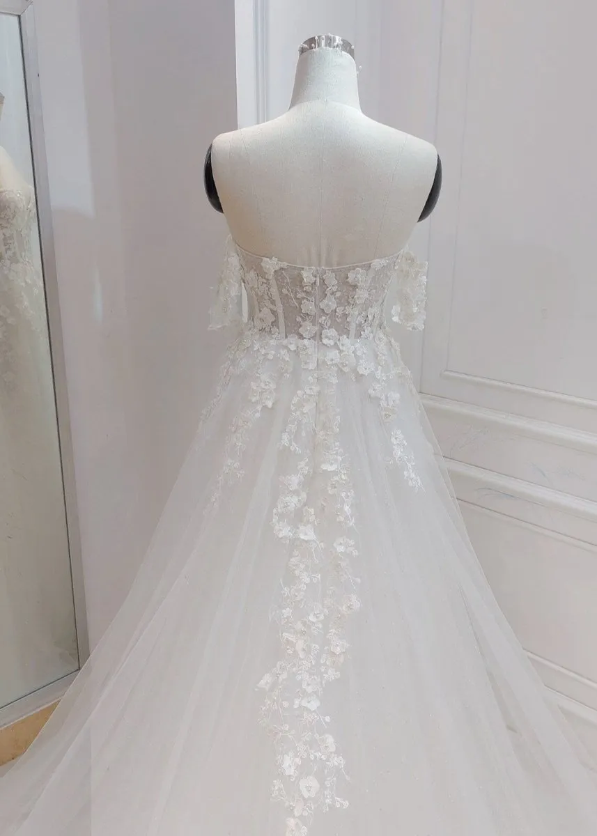 A-line White Off the Shoulder Wedding Dress With Flower Embroidery sold by KissProm product image thumbnail 4