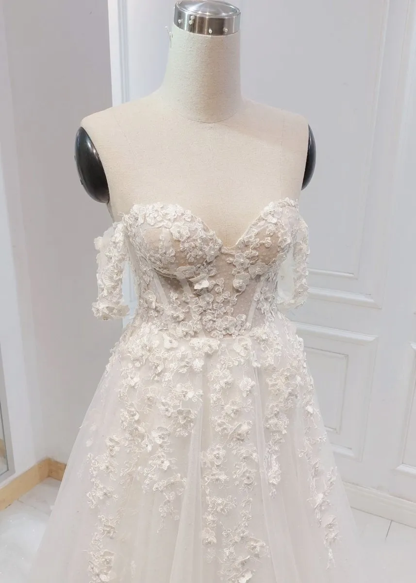 A-line White Off the Shoulder Wedding Dress With Flower Embroidery sold by KissProm product image thumbnail 2