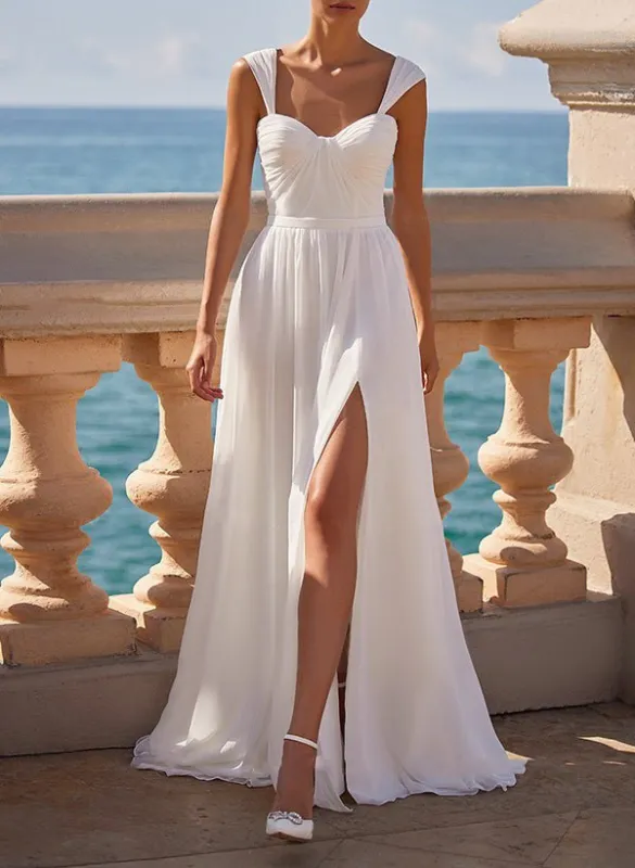 A-Line Square Neckline Sleeveless Chiffon Wedding Dresses With High Split made by KissProm