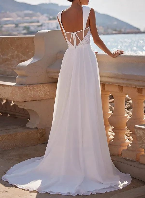 A-Line Square Neckline Sleeveless Chiffon Wedding Dresses With High Split sold by KissProm product image thumbnail 2