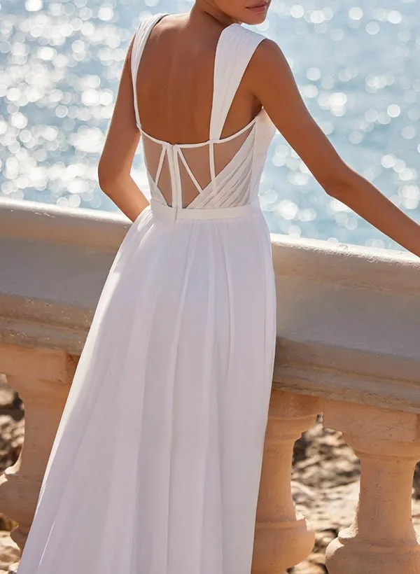 A-Line Square Neckline Sleeveless Chiffon Wedding Dresses With High Split sold by KissProm product image thumbnail 3