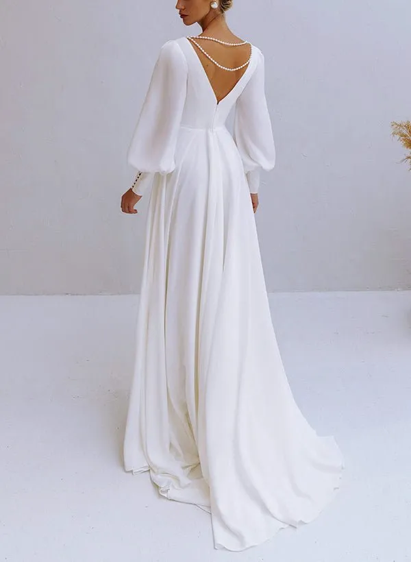 A-Line V-Neck Long Sleeves Chiffon Wedding Dresses With Beading sold by KissProm product image thumbnail 5