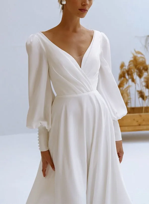 A-Line V-Neck Long Sleeves Chiffon Wedding Dresses With Beading sold by KissProm product image thumbnail 2