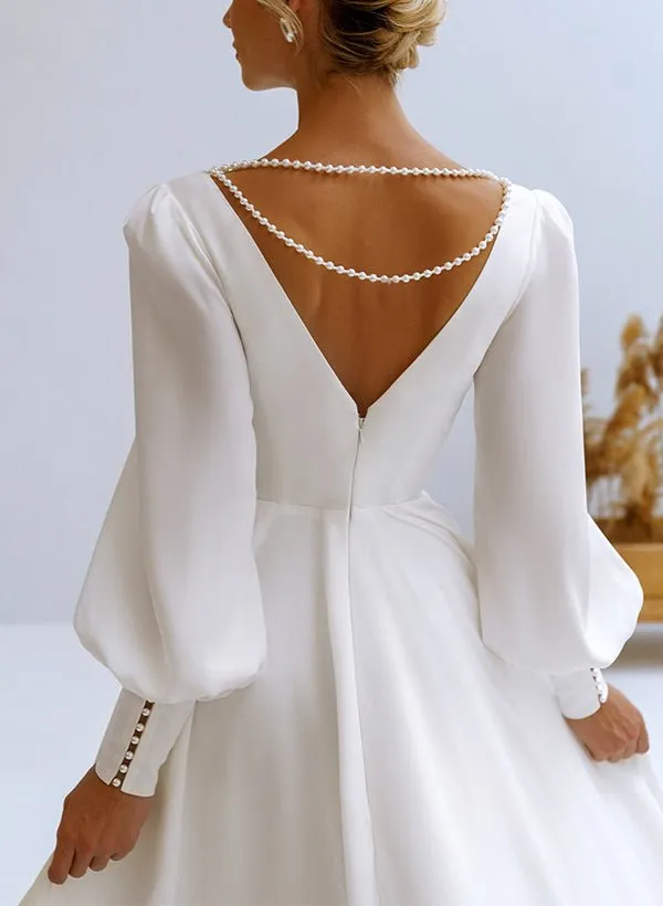 A-Line V-Neck Long Sleeves Chiffon Wedding Dresses With Beading sold by KissProm product image thumbnail 3