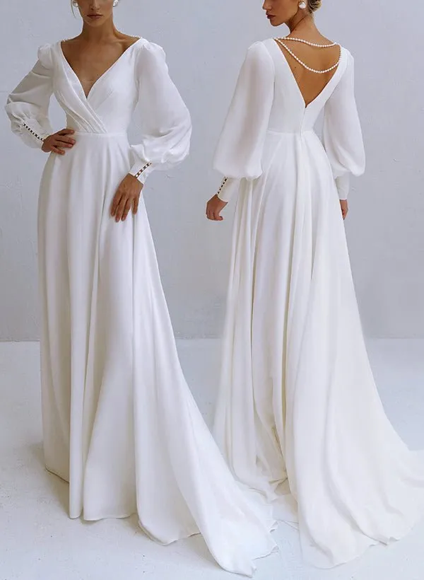 A-Line V-Neck Long Sleeves Chiffon Wedding Dresses With Beading sold by KissProm product image thumbnail 4