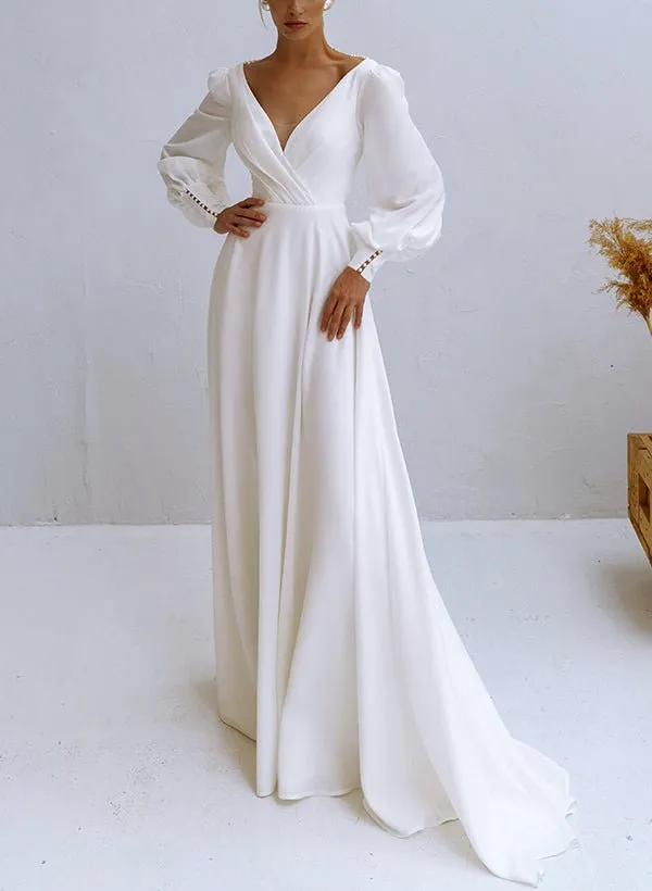 A-Line V-Neck Long Sleeves Chiffon Wedding Dresses With Beading sold by KissProm