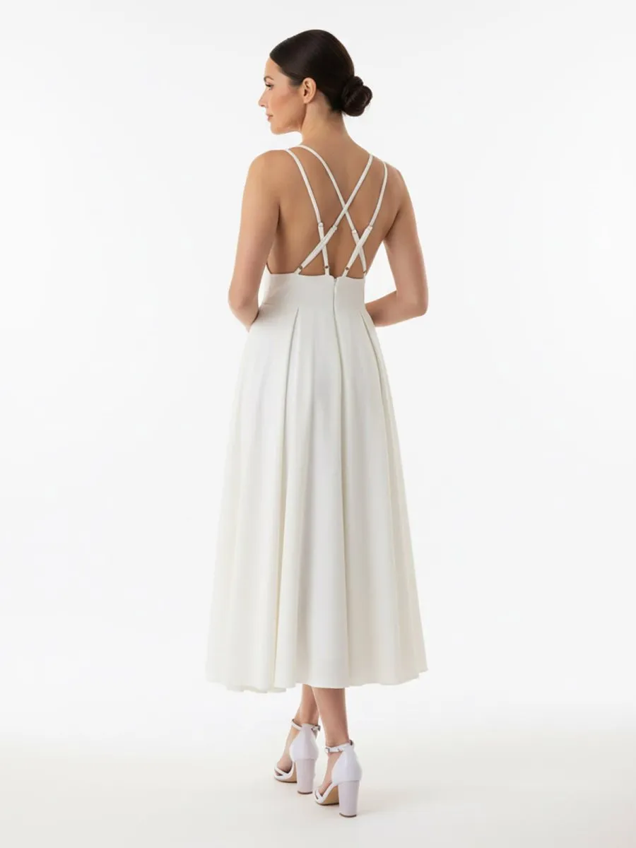 A-Line V-Neck Sleeveless Satin Knee-Length Wedding Dress sold by KissProm product image thumbnail 4