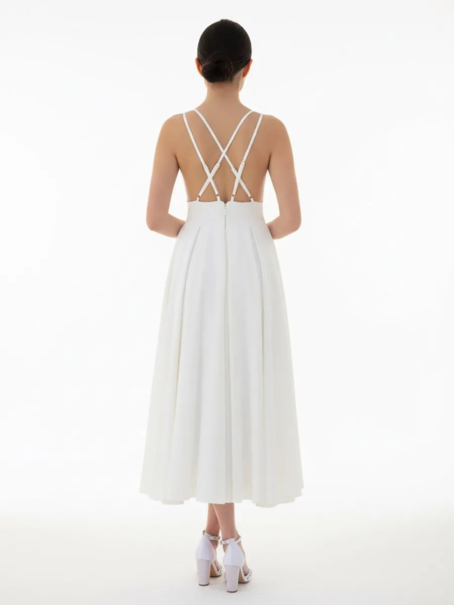 A-Line V-Neck Sleeveless Satin Knee-Length Wedding Dress sold by KissProm product image thumbnail 3
