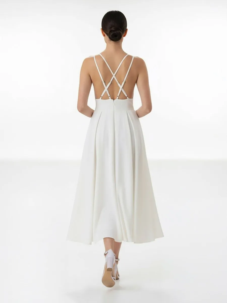 A-Line V-Neck Sleeveless Satin Knee-Length Wedding Dress sold by KissProm product image thumbnail 2