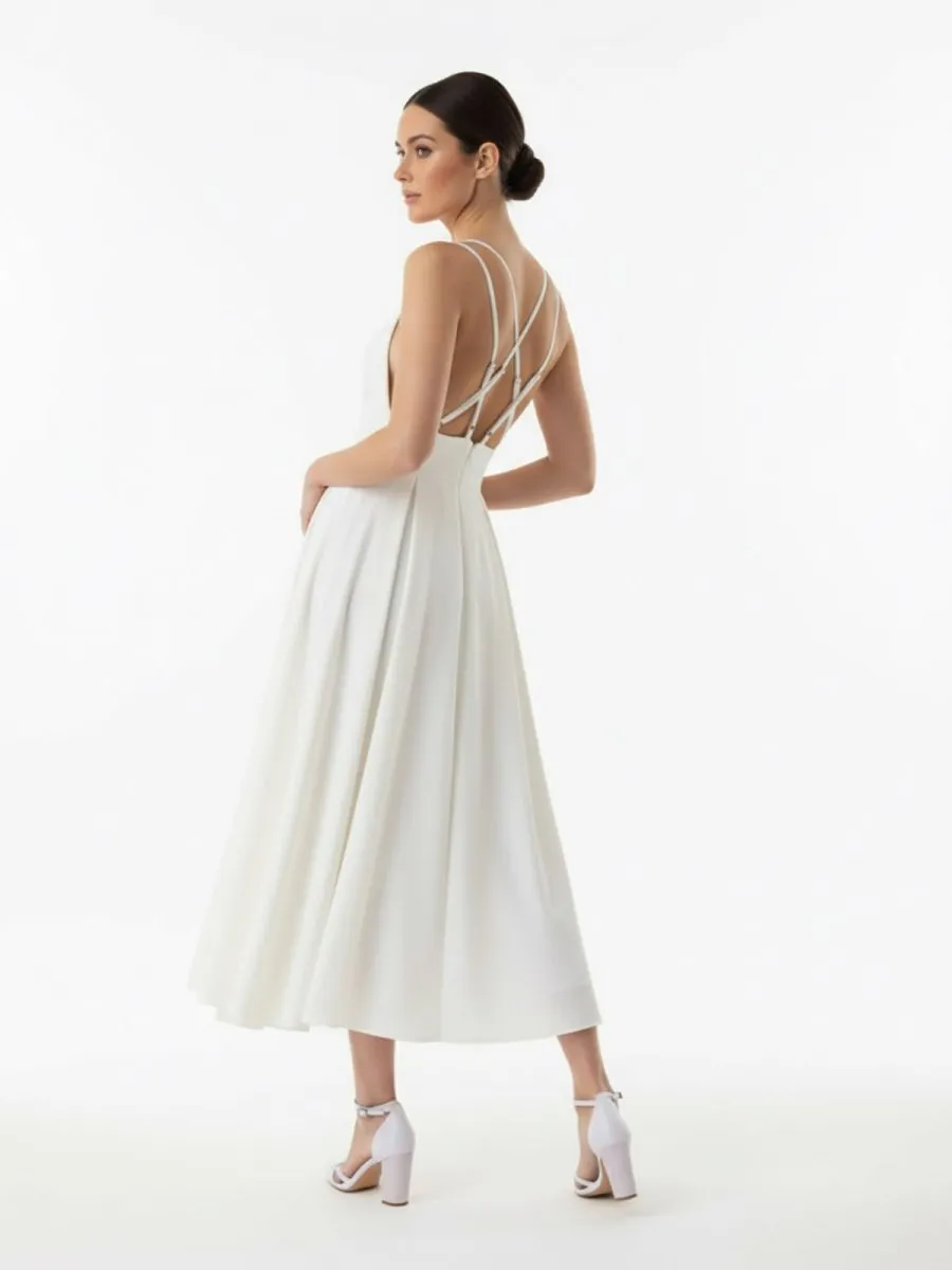 A-Line V-Neck Sleeveless Satin Knee-Length Wedding Dress sold by KissProm product image thumbnail 5