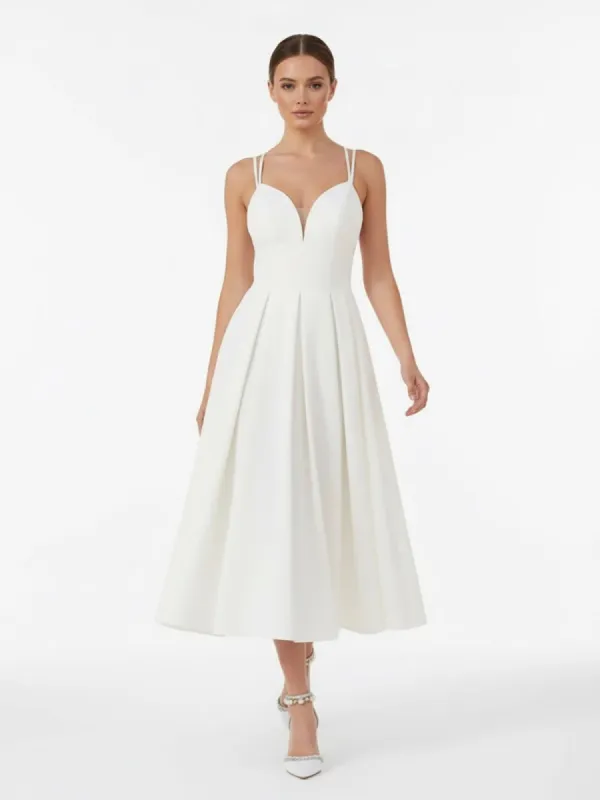 A-Line V-Neck Sleeveless Satin Knee-Length Wedding Dress made by KissProm