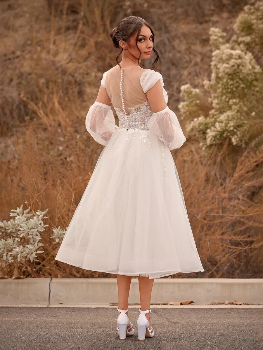 A-Line Sweetheart Long Sleeves Elegant Tulle Wedding Dresses With Appliques Lace sold by KissProm product image thumbnail 5