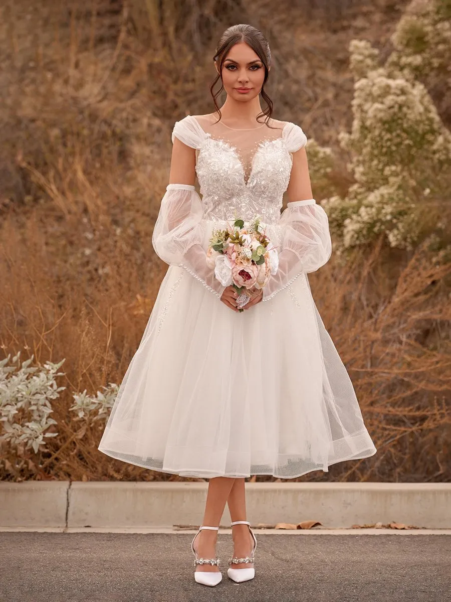 A-Line Sweetheart Long Sleeves Elegant Tulle Wedding Dresses With Appliques Lace sold by KissProm product image thumbnail 3