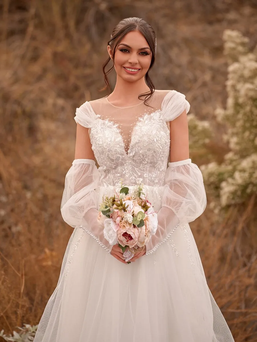 A-Line Sweetheart Long Sleeves Elegant Tulle Wedding Dresses With Appliques Lace sold by KissProm product image thumbnail 4