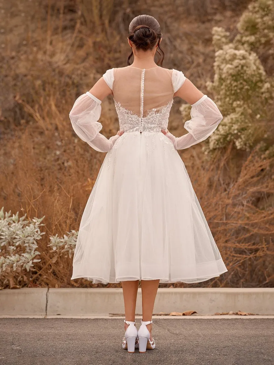 A-Line Sweetheart Long Sleeves Elegant Tulle Wedding Dresses With Appliques Lace sold by KissProm product image thumbnail 2