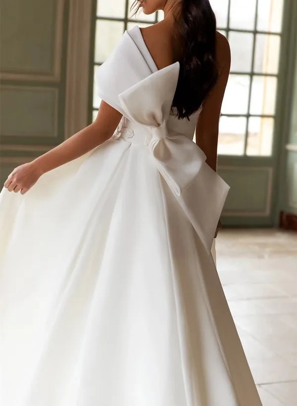 A-Line One-Shoulder Organza Sweep Train Wedding Dress With Appliques Lace sold by KissProm product image thumbnail 3