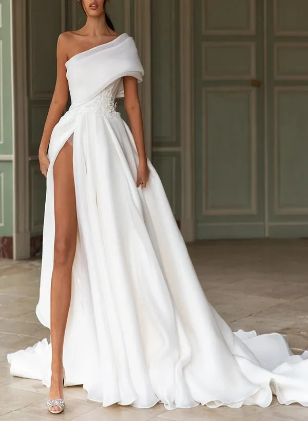 A-Line One-Shoulder Organza Sweep Train Wedding Dress With Appliques Lace sold by KissProm