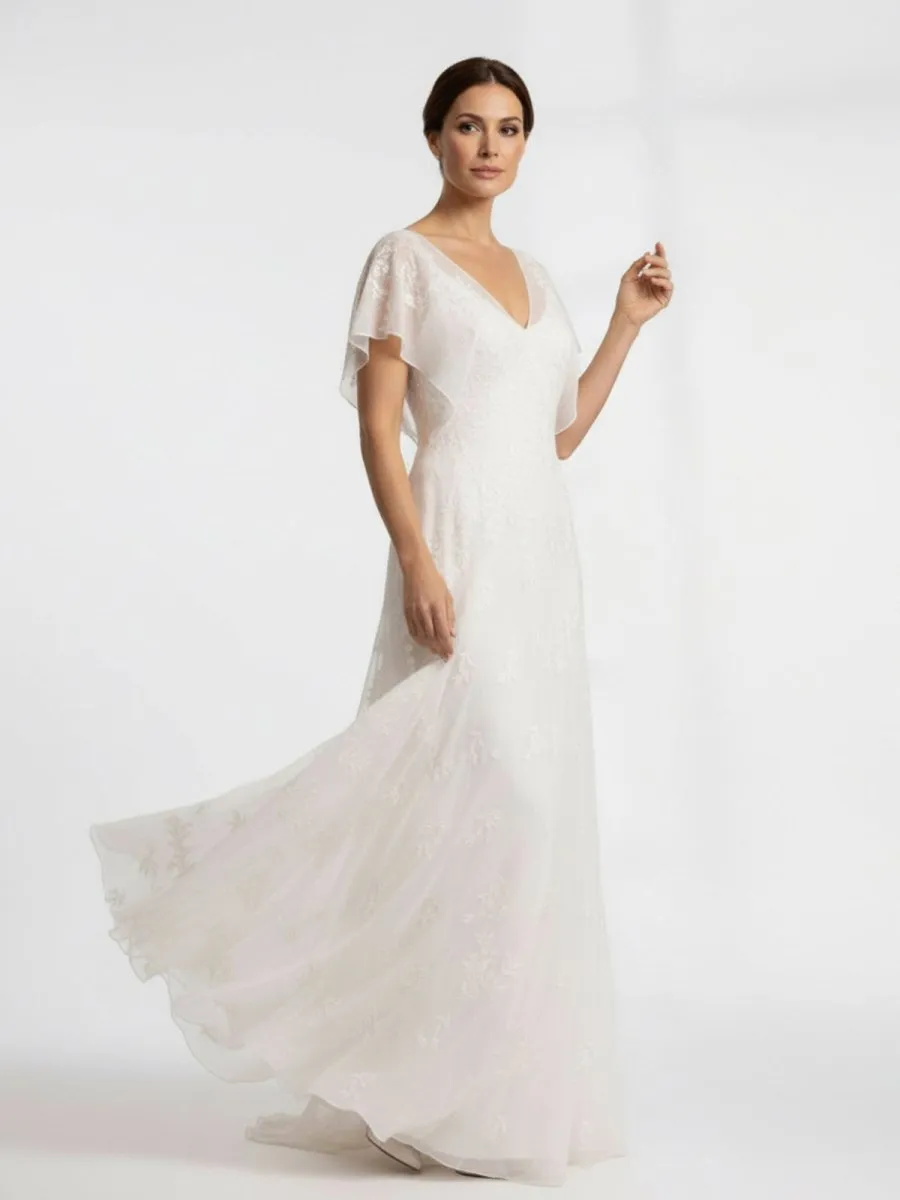 Vintage Graceful Floral V-neck V-back Side Button Decorated Lace Wedding Dress With Butterfly Sleeves sold by KissProm product image thumbnail 5