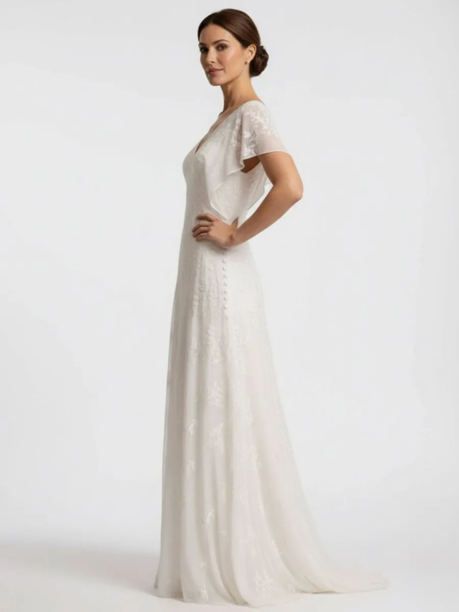 Vintage Graceful Floral V-neck V-back Side Button Decorated Lace Wedding Dress With Butterfly Sleeves sold by KissProm product image thumbnail 4