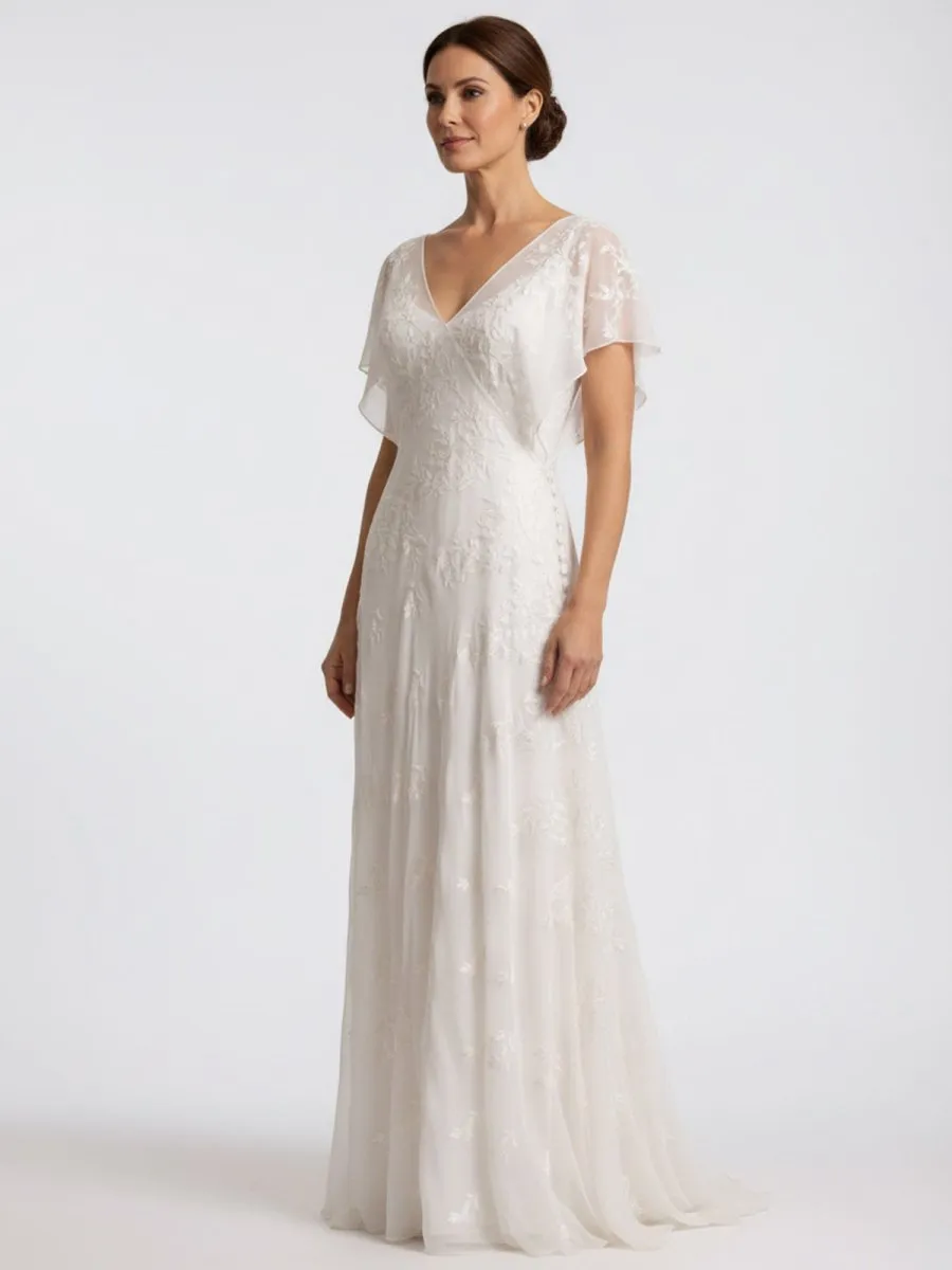 Vintage Graceful Floral V-neck V-back Side Button Decorated Lace Wedding Dress With Butterfly Sleeves sold by KissProm product image thumbnail 3