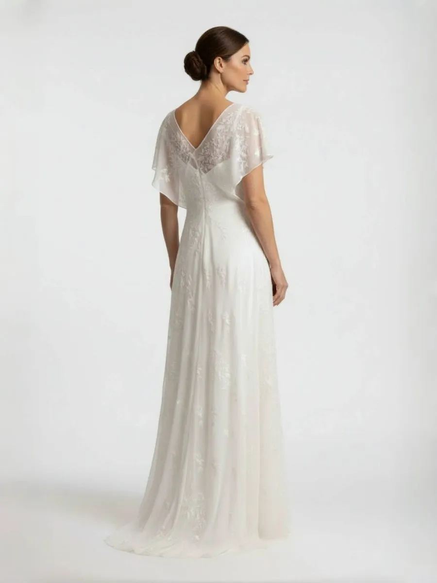 Vintage Graceful Floral V-neck V-back Side Button Decorated Lace Wedding Dress With Butterfly Sleeves sold by KissProm product image thumbnail 2