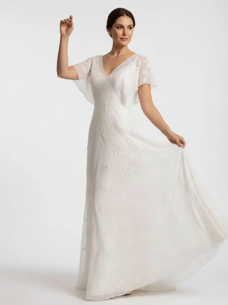 Vintage Graceful Floral V-neck V-back Side Button Decorated Lace Wedding Dress With Butterfly Sleeves sold by KissProm