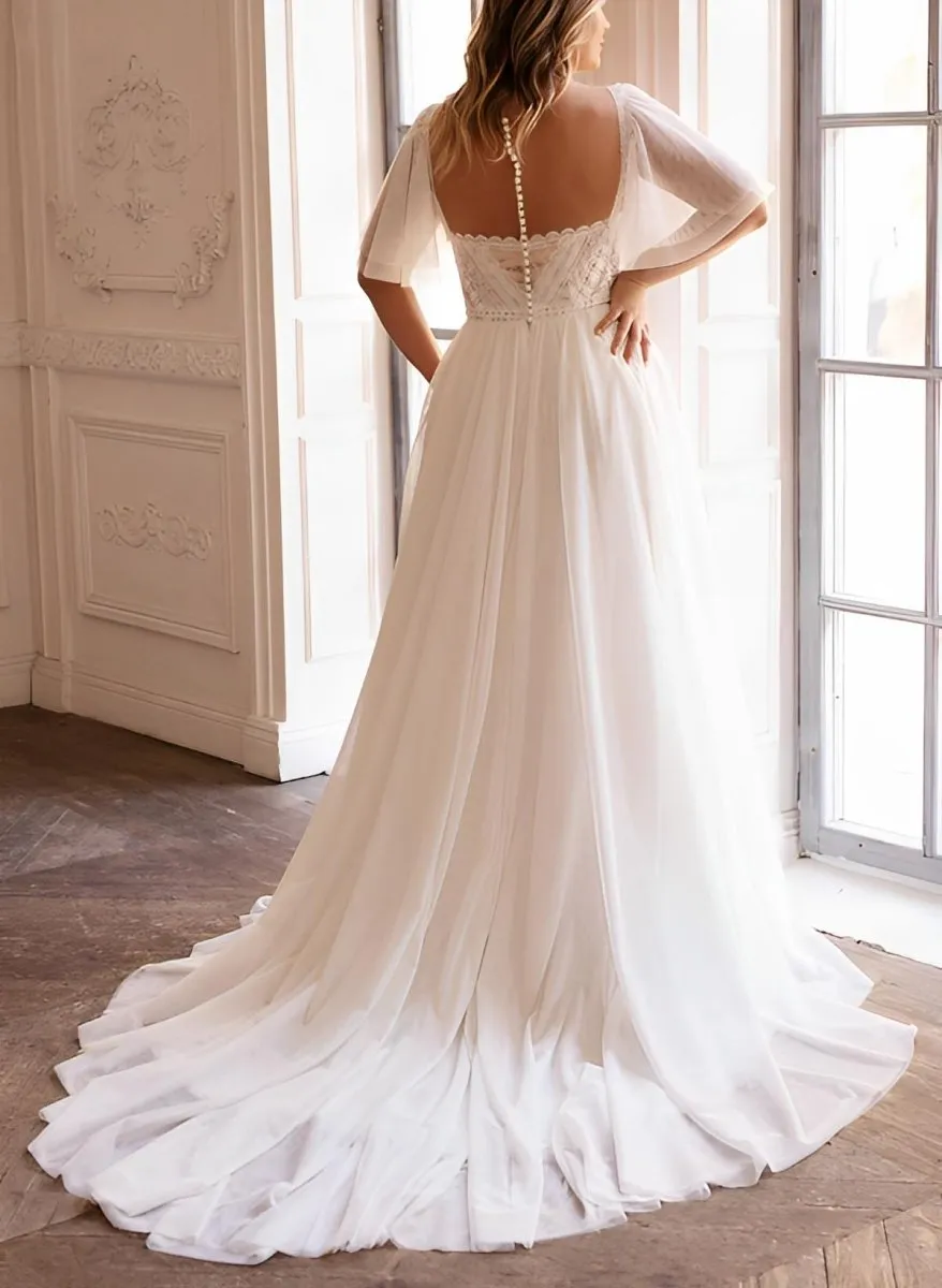 Plus Size Sweetheart Short Sleeves Sweep Train Chiffon Wedding Dresses sold by KissProm product image thumbnail 3