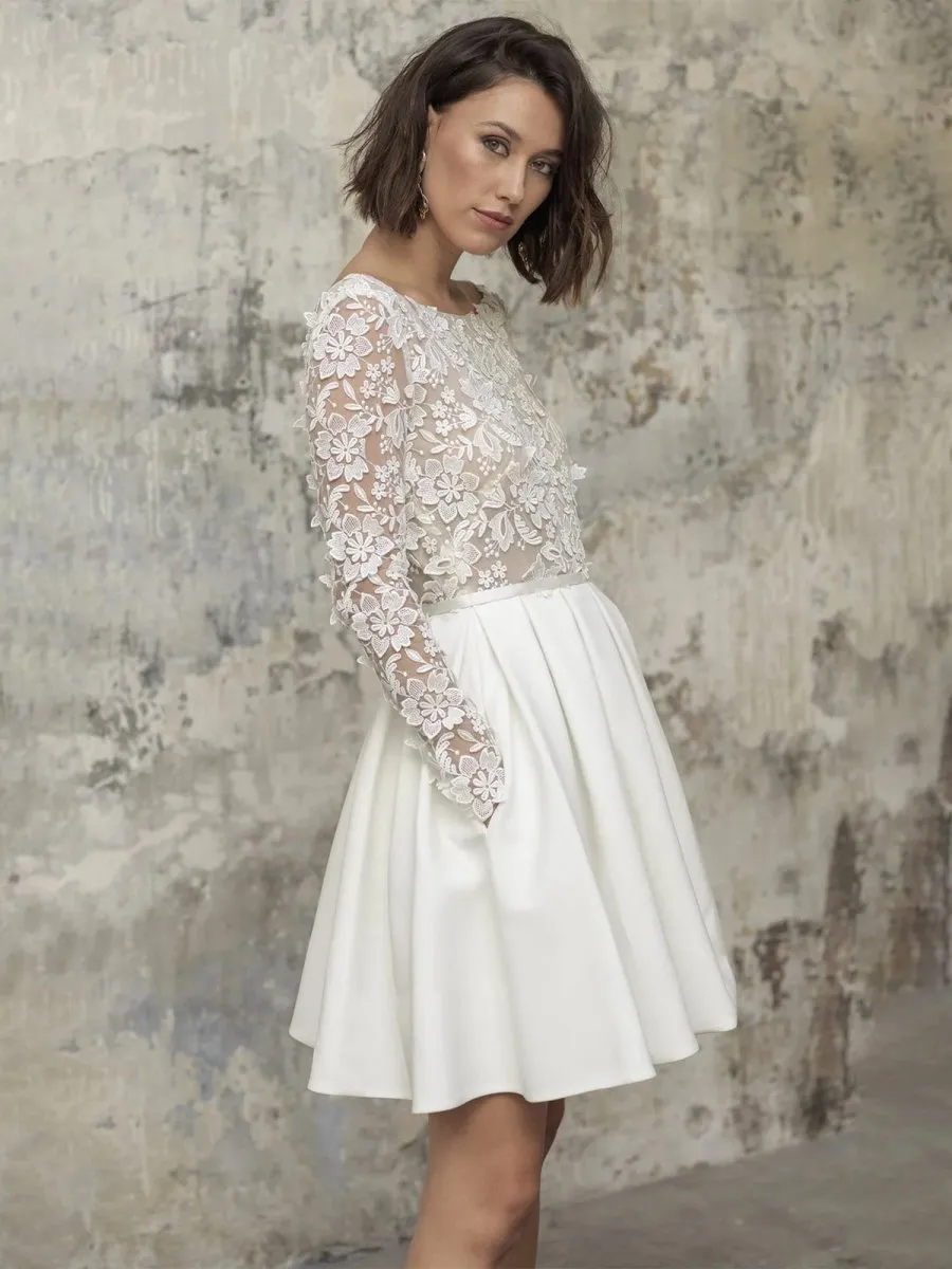Simple A Line Short Knee-length Satin Lace Bateau Long Sleeve Wedding Dress sold by KissProm product image thumbnail 5