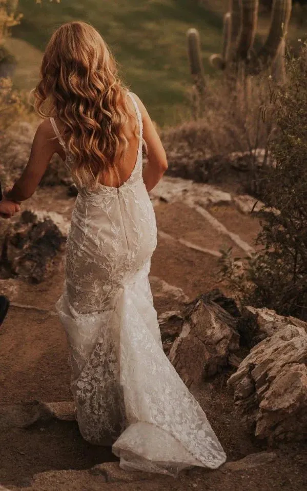 Sexy Mermaid V-neck Lace Sleeveless Wedding Dress with Sweep Train Simple Elegant Ethereal Country Garden sold by KissProm product image thumbnail 4