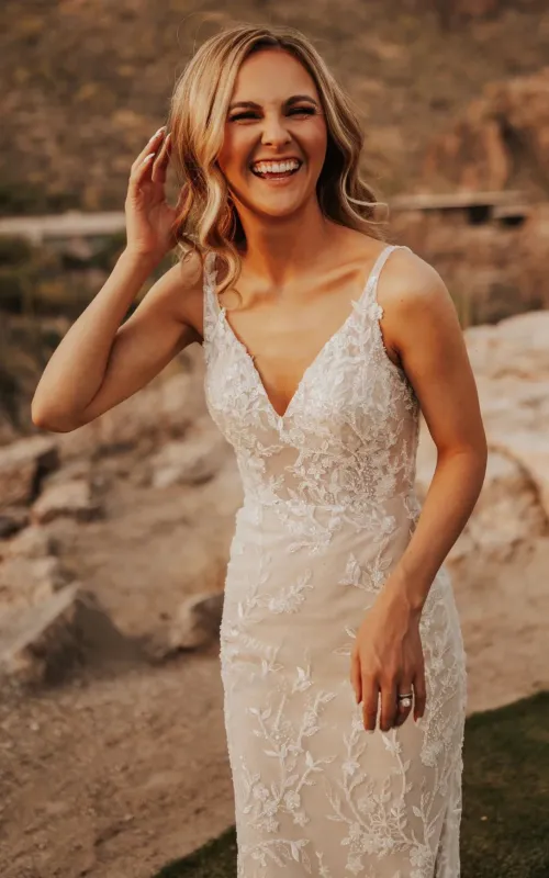 Sexy Mermaid V-neck Lace Sleeveless Wedding Dress with Sweep Train Simple Elegant Ethereal Country Garden made by KissProm