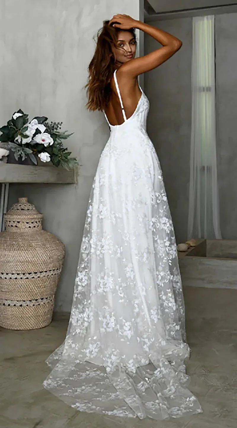 Beach V-Neck Sparkly Lace Wedding Dresses With Split Front sold by KissProm product image thumbnail 3