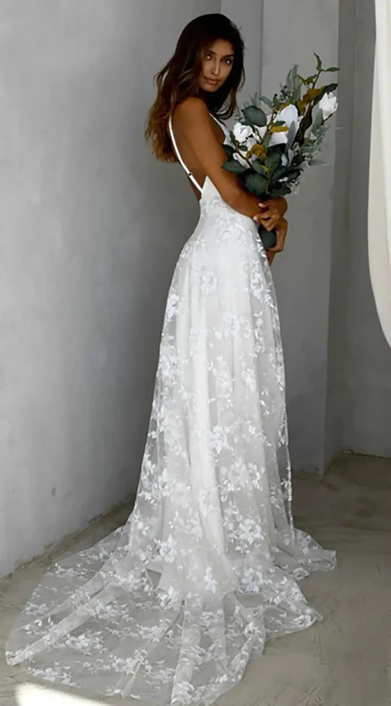 Beach V-Neck Sparkly Lace Wedding Dresses With Split Front sold by KissProm product image thumbnail 2