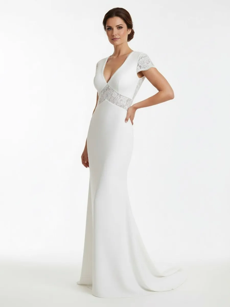 Modest Simple Sheath Short Sleeve Empire Floor-Length Sweep Train Chiffon V-neck Wedding Dress sold by KissProm product image thumbnail 4