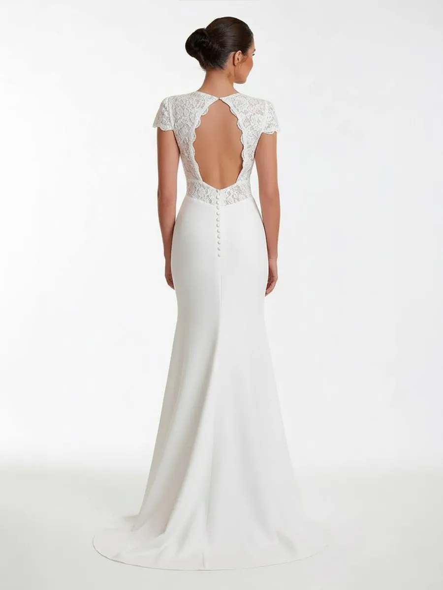Modest Simple Sheath Short Sleeve Empire Floor-Length Sweep Train Chiffon V-neck Wedding Dress sold by KissProm product image thumbnail 2