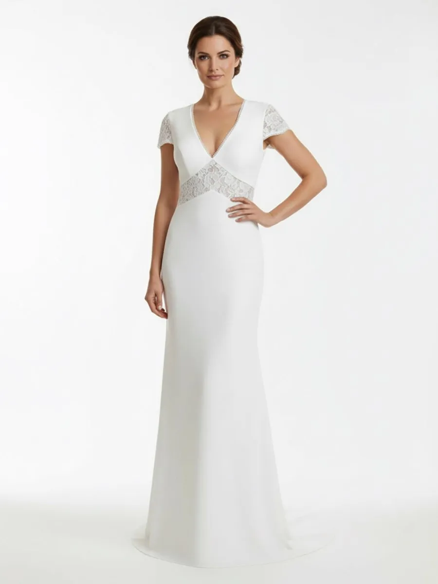 Modest Simple Sheath Short Sleeve Empire Floor-Length Sweep Train Chiffon V-neck Wedding Dress sold by KissProm