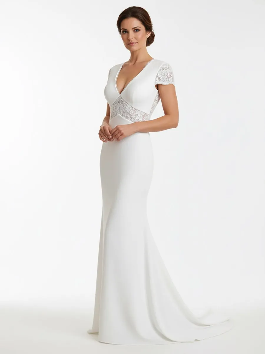 Modest Simple Sheath Short Sleeve Empire Floor-Length Sweep Train Chiffon V-neck Wedding Dress sold by KissProm product image thumbnail 5